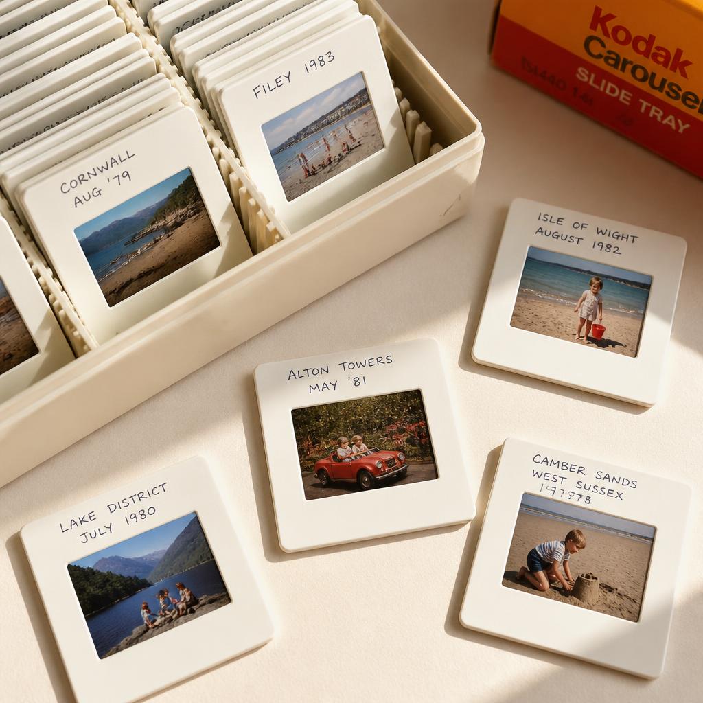 35mm slide scanning service — colour slides in mounts ready to be digitised