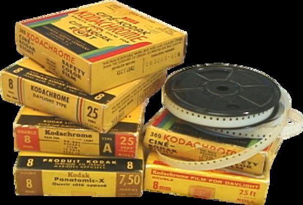 Old Kodachrome Super 8mm and Standard 8mm cine film boxes and reels ready for scanning to digital files
